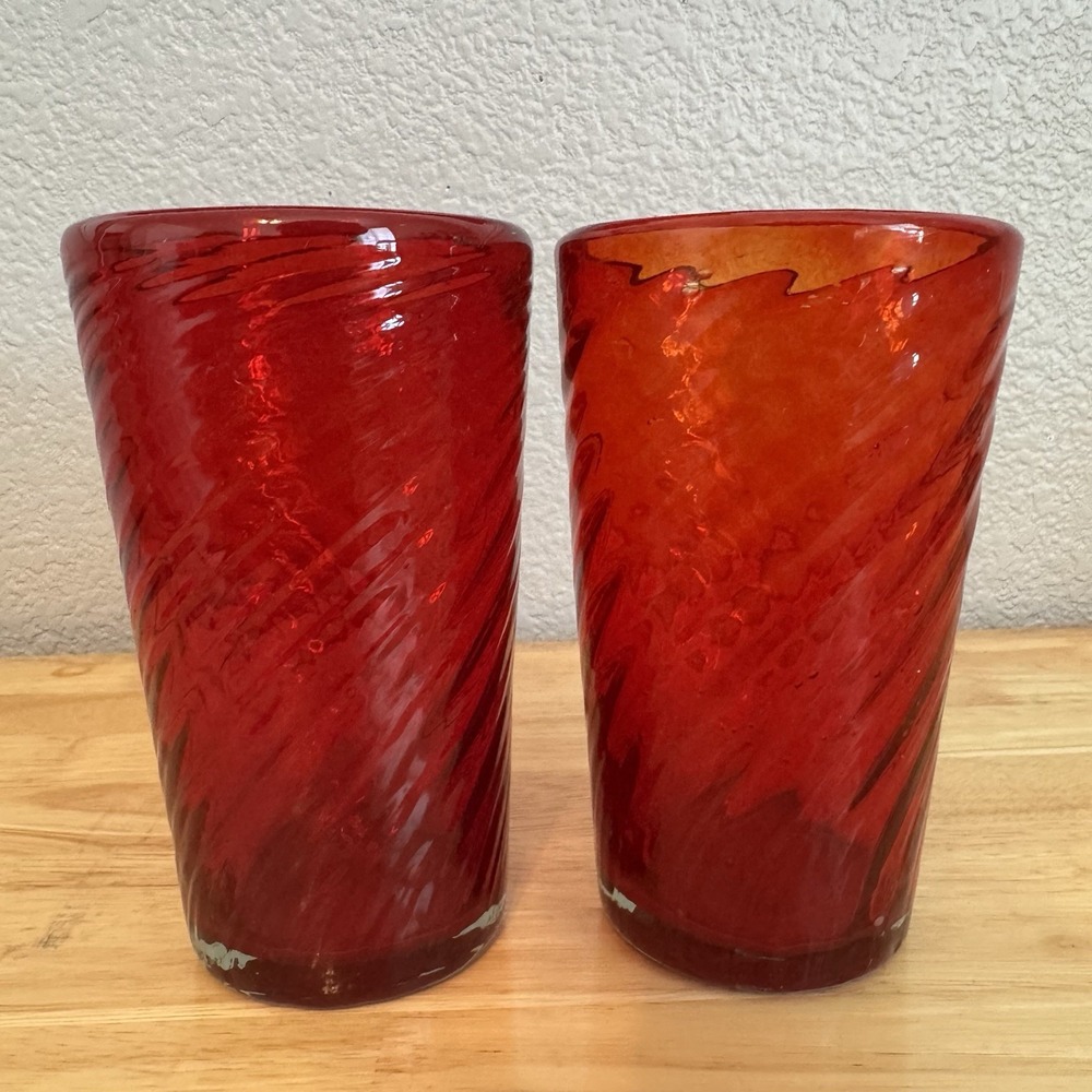 Vtg Heavy Mexican Hand Blown Ruby Red Swirl Tumbler Glasses 6" Tall Set Of 2
